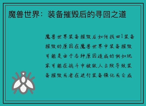 魔兽世界：装备摧毁后的寻回之道